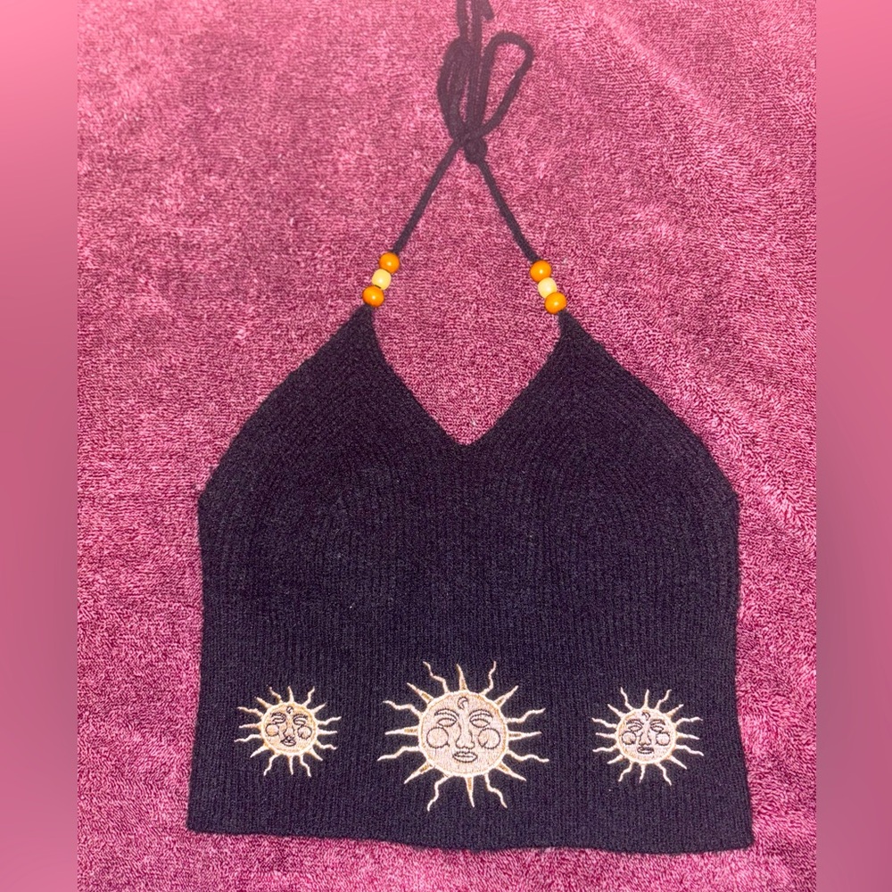 Black Sun Embroidered Camisole Halter Crop Top